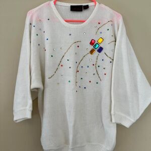 Selection Vintage Women's White Sweater with Gems Size L
